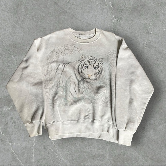 Vintage Nature Sweatshirt Men Medium White Tiger AOP Wrap Around Artwork Scenery - Picture 1 of 6